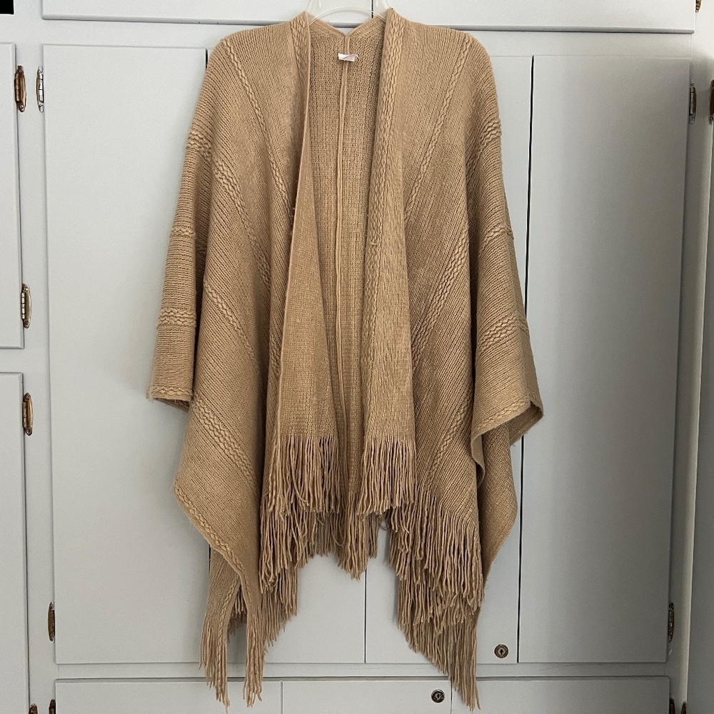 Westloop Beige Knit Boho Open Front Fringed Cape Poncho Wrap Shawl